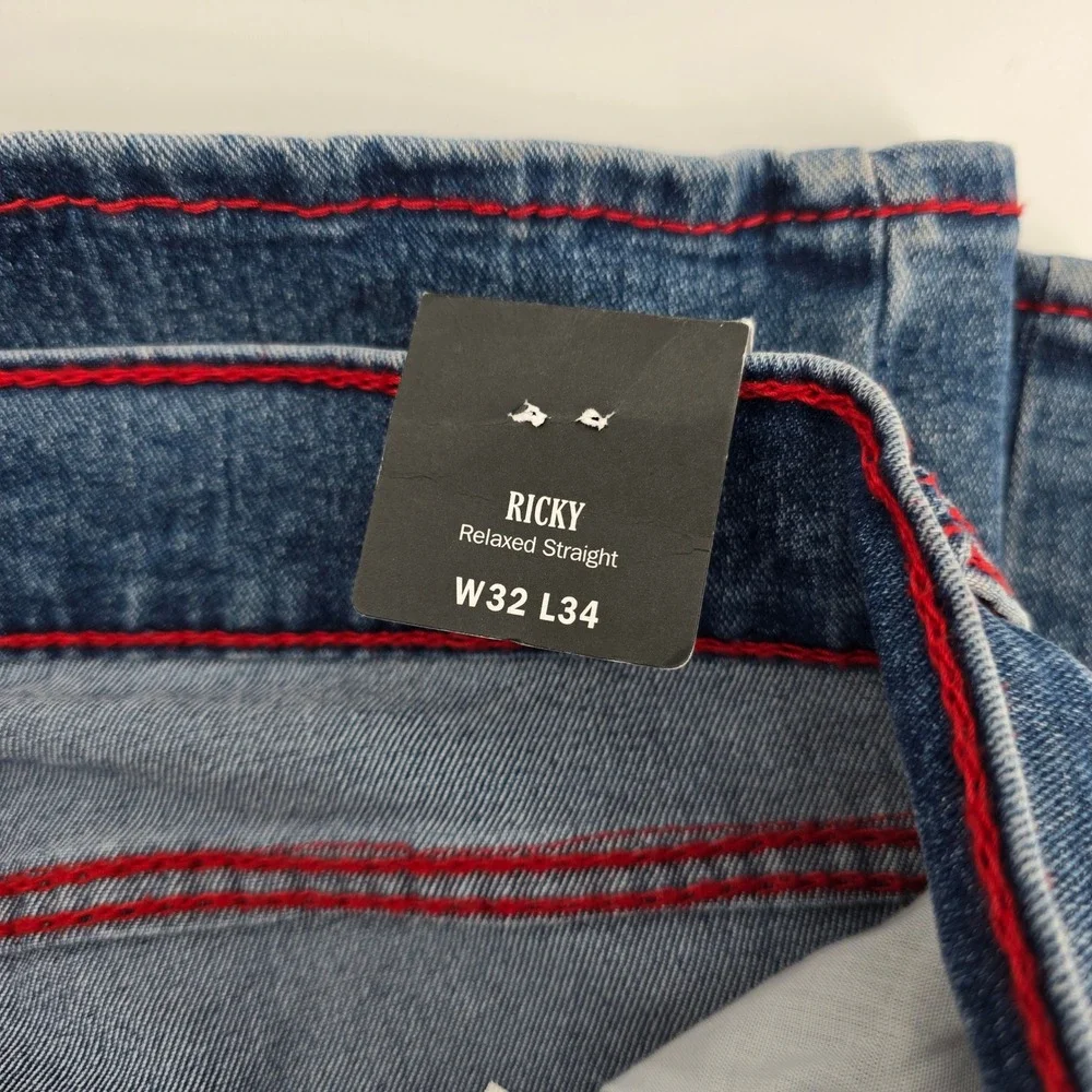 True Religion Ricky Big T Relaxed Straight Jeans Mens Red Stitch Blue 32x34 NEW